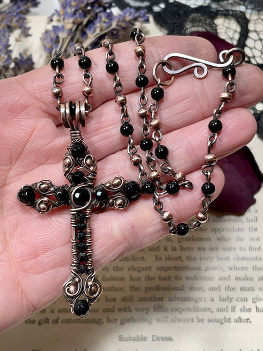 Onyx Gothic Cross Pendant in Antiqued Copper with handmade chain.