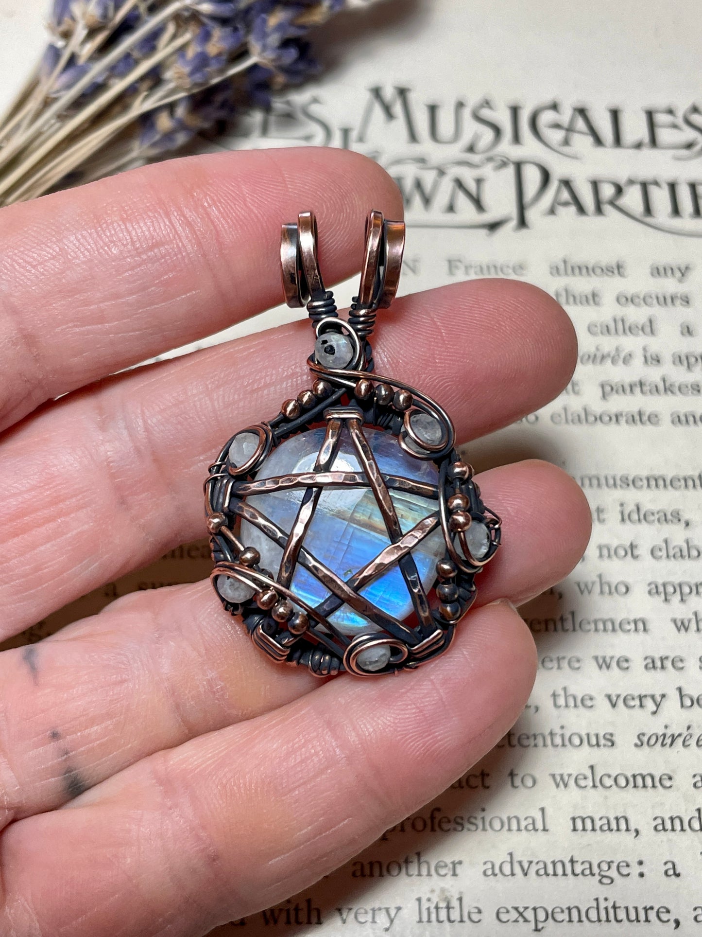 Rainbow Moonstone Pentacle Pendant in Copper