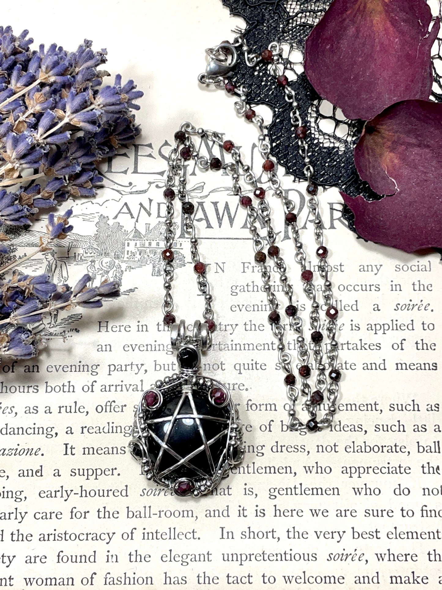 Onyx and Garnet Pentacle Pendant in Stainless Steel