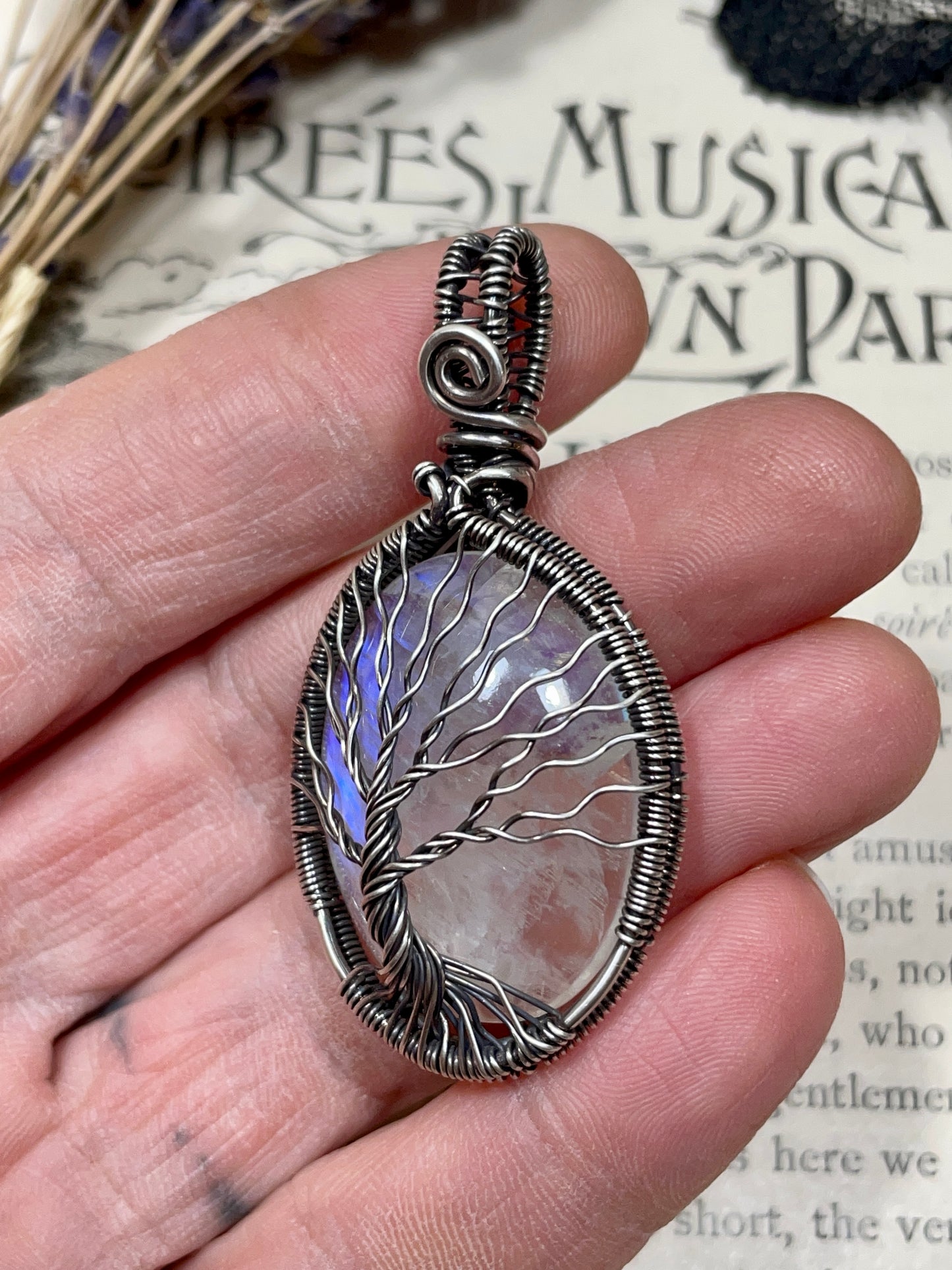 Moonstone (Rainbow Moonstone) Tree of Life Pendant in Sterling Silver