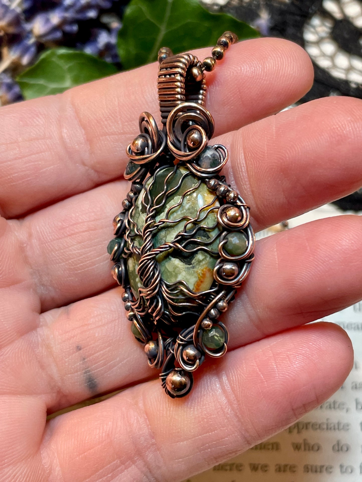 Jasper (Rainforest Jasper) Tree of Life Amulet in Copper