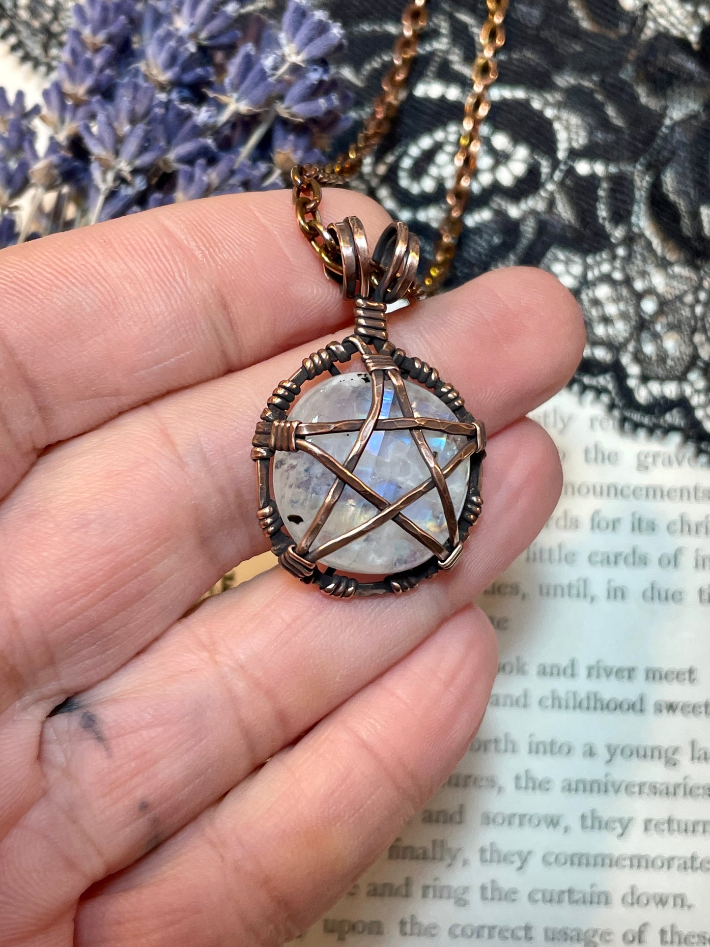 Moonstone (Rainbow Moonstone) Mini Pentacle Pendant in Antiqued Copper