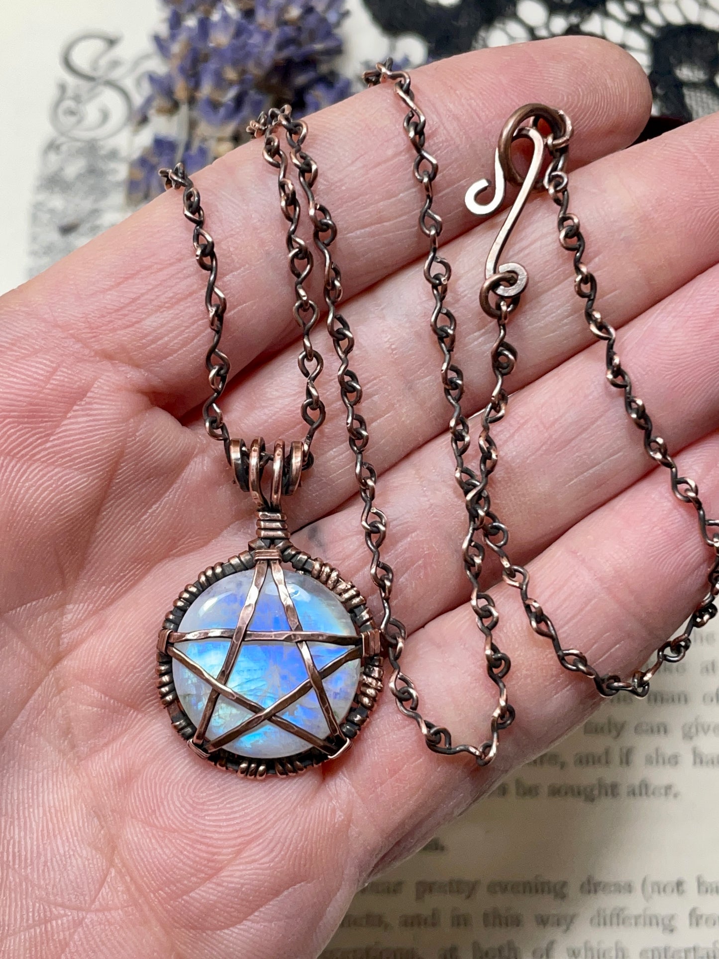 Moonstone (Rainbow Moonstone) Pentacle Pendant in Antiqued Copper
