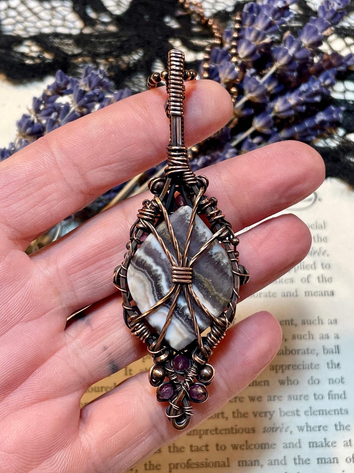 Amethyst Lace Agate Pendant in Copper