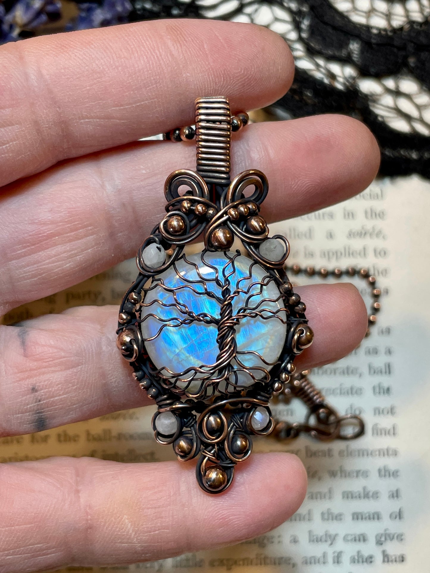 Rainbow Moonstone Tree of Life Amulet in Copper