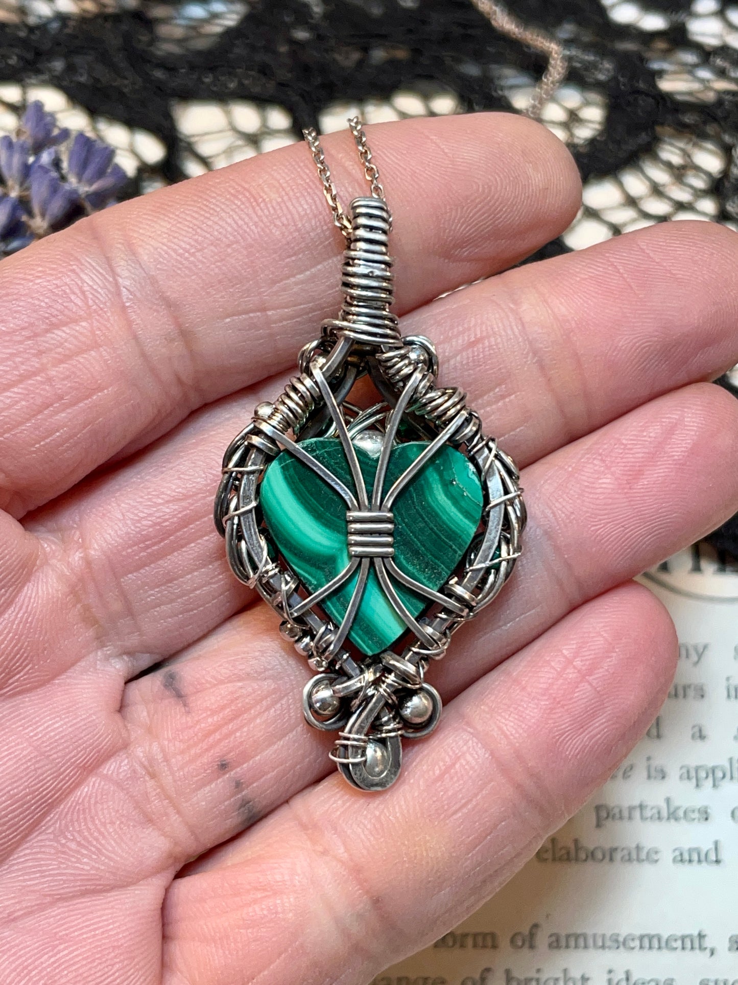 Malachite Heart Pendant in Sterling Silver