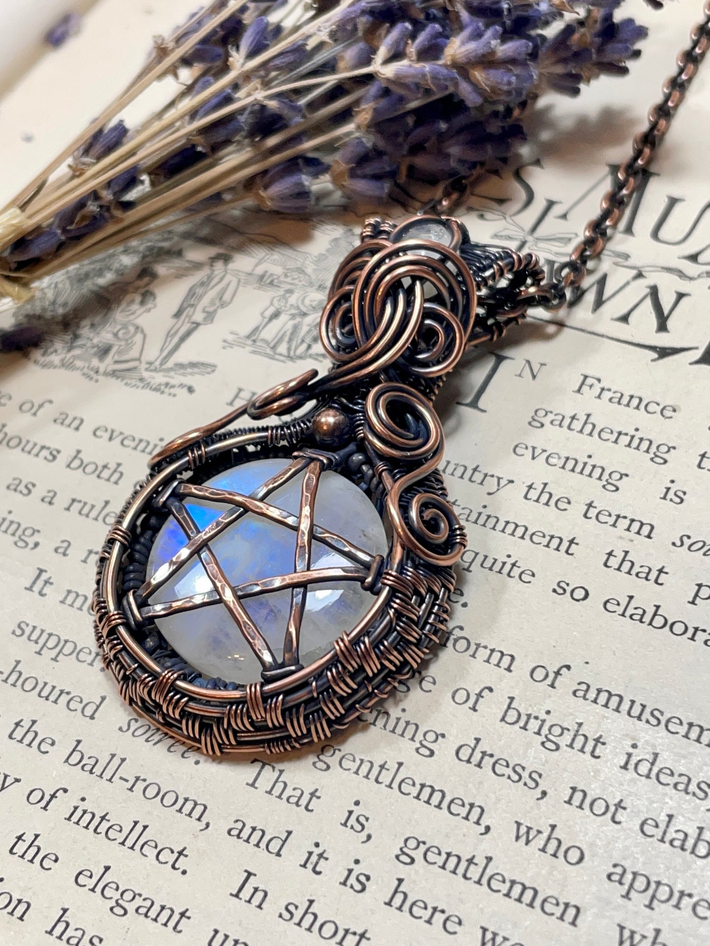 Moonstone (Rainbow Moonstone) Pentacle Pendant in Copper