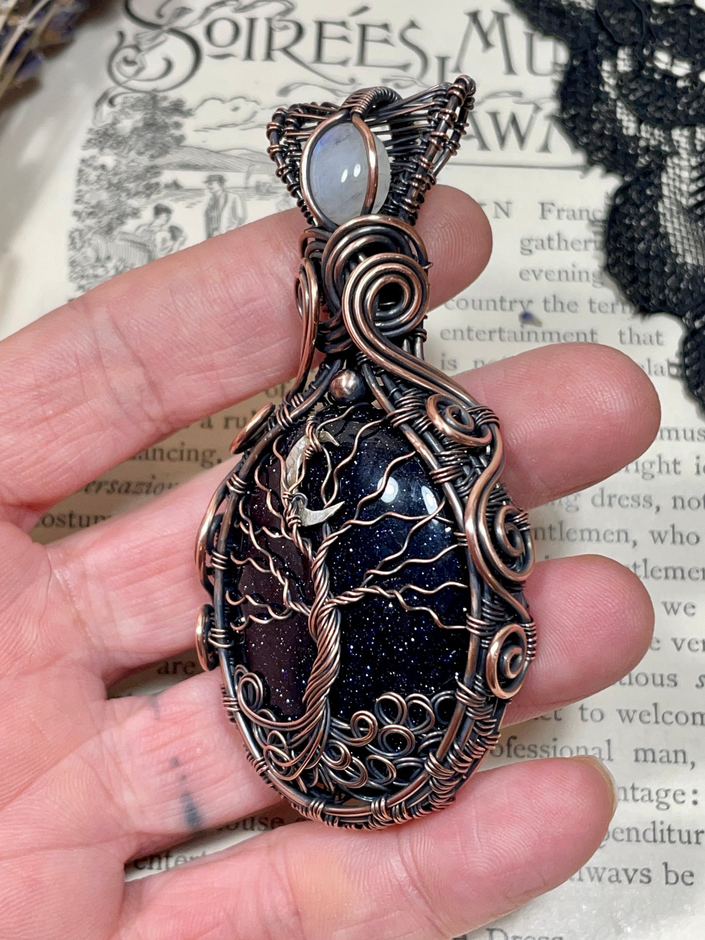 Goldstone (Blue Goldstone) Tree of Life Amulet in Copper
