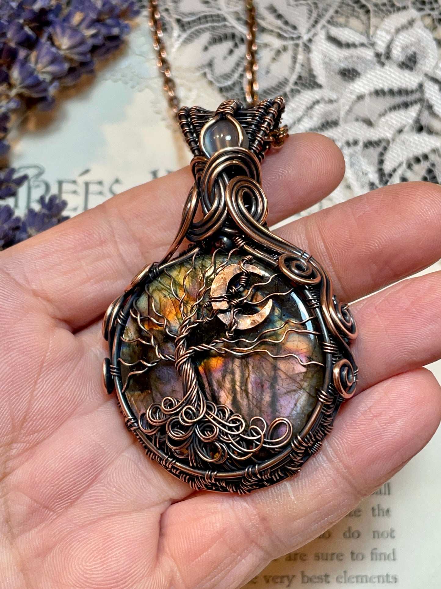 Labradorite Crescent Moon Tree of Life Amulet in Copper