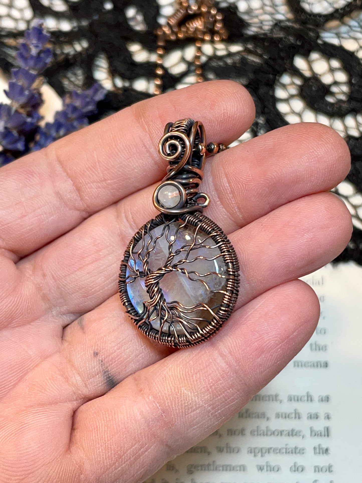 Rainbow Moonstone mini Tree of Life Amulet in Copper