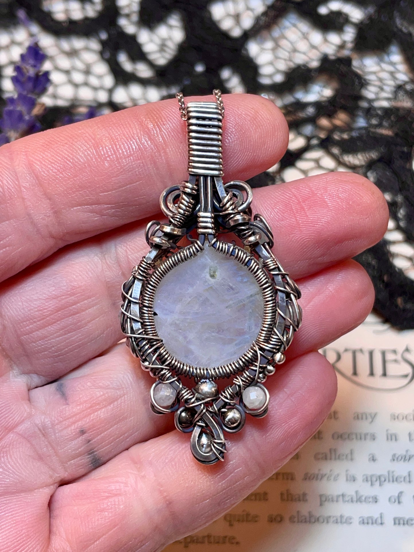 Moonstone (Rainbow Moonstone) Tree of Life Pendant in Sterling Silver