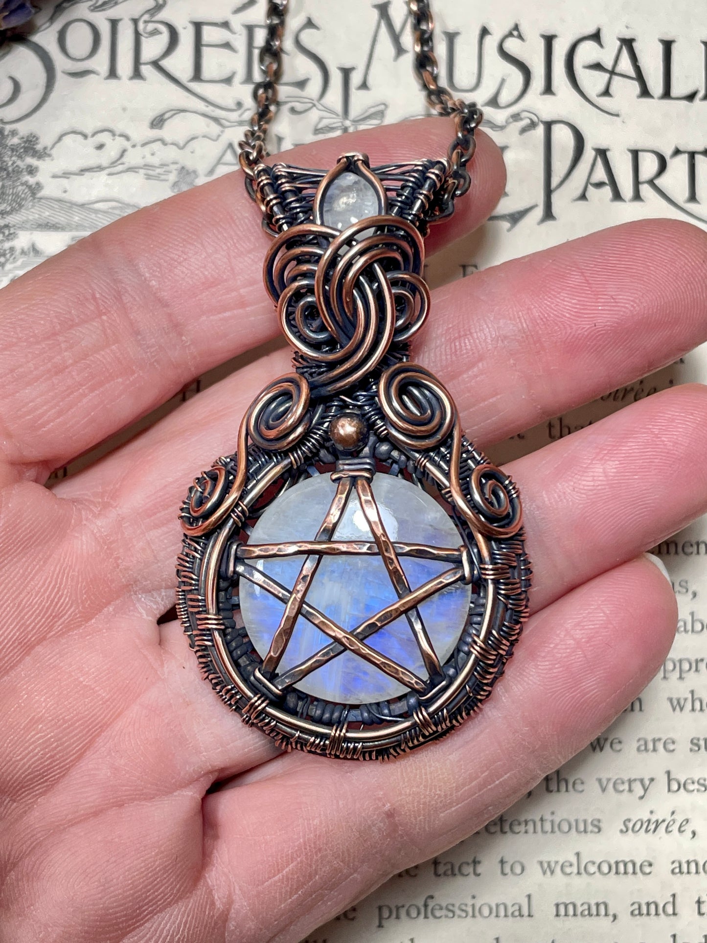 Moonstone (Rainbow Moonstone) Pentacle Pendant in Copper