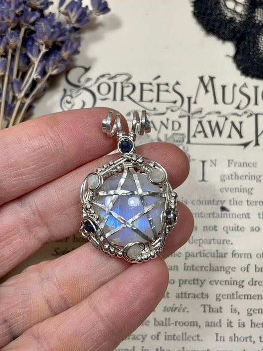 Moonstone (Rainbow Moonstone) Pentacle Pendant in Sterling Silver