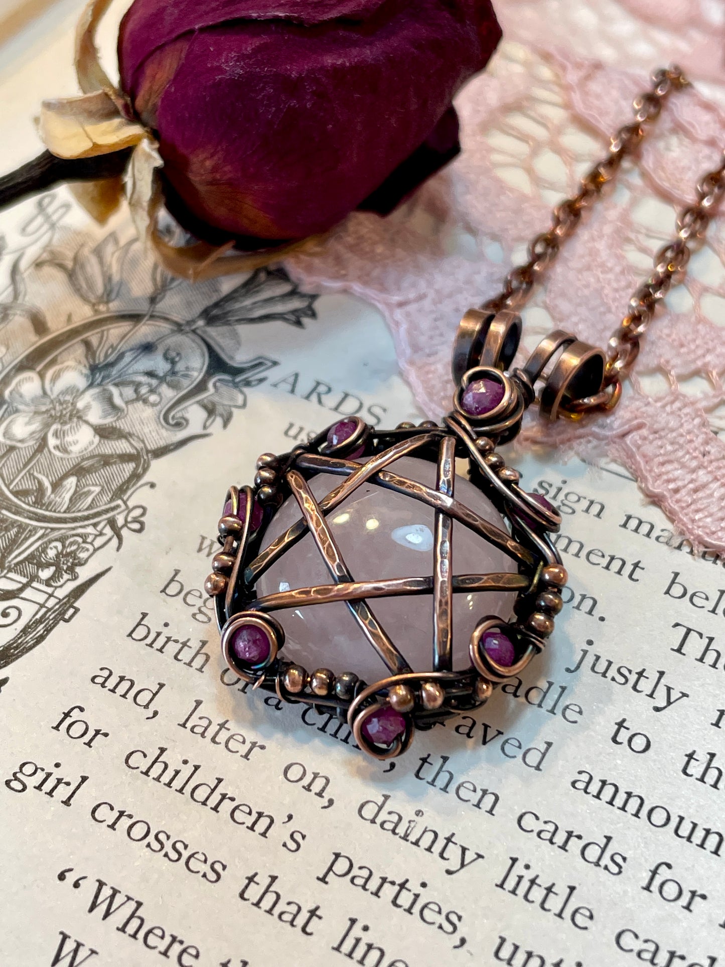 Rose Quartz and Ruby Pentacle Pendant in Copper #1