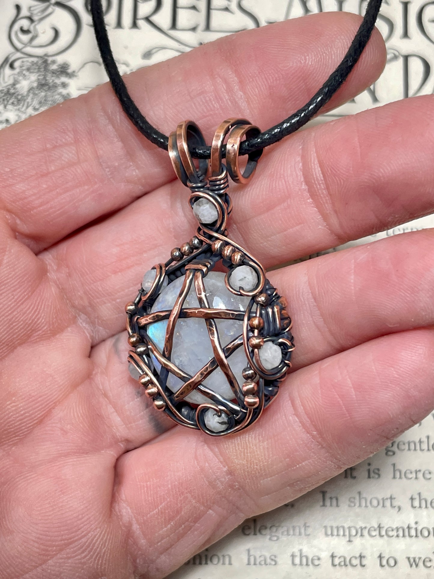 Moonstone (Rainbow Moonstone) Pentacle Pendant in Copper