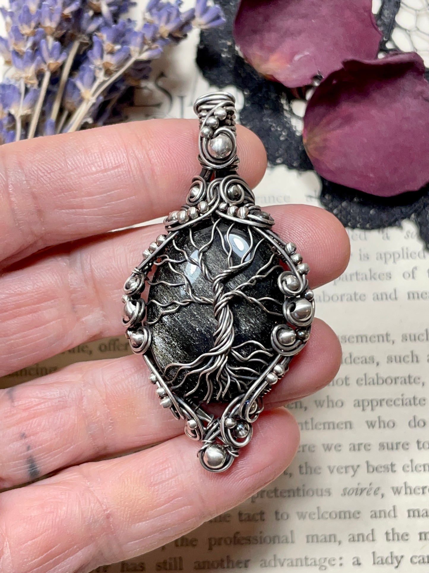 Obsidian (Silver Sheen Obsidian) Tree of Life Pendant in Sterling Silver