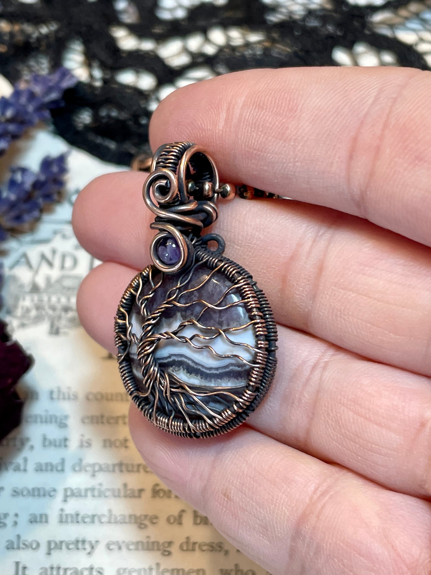 Amethyst Lace Agate mini Tree of Life Pendant in Copper