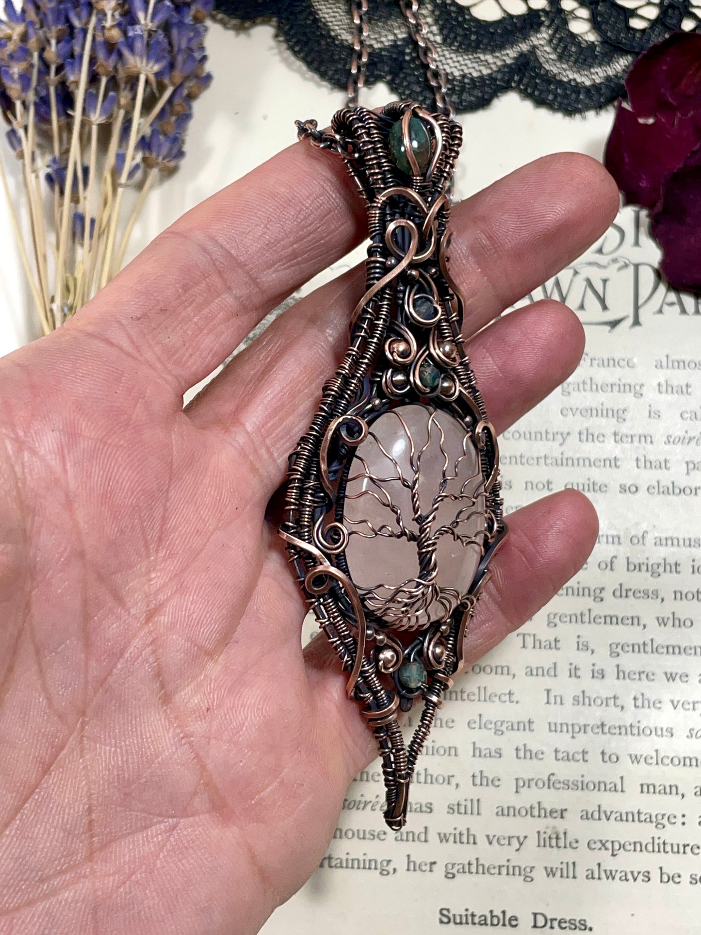 Rose Quartz and Moss Agate Tree of Life Pendant in Copper