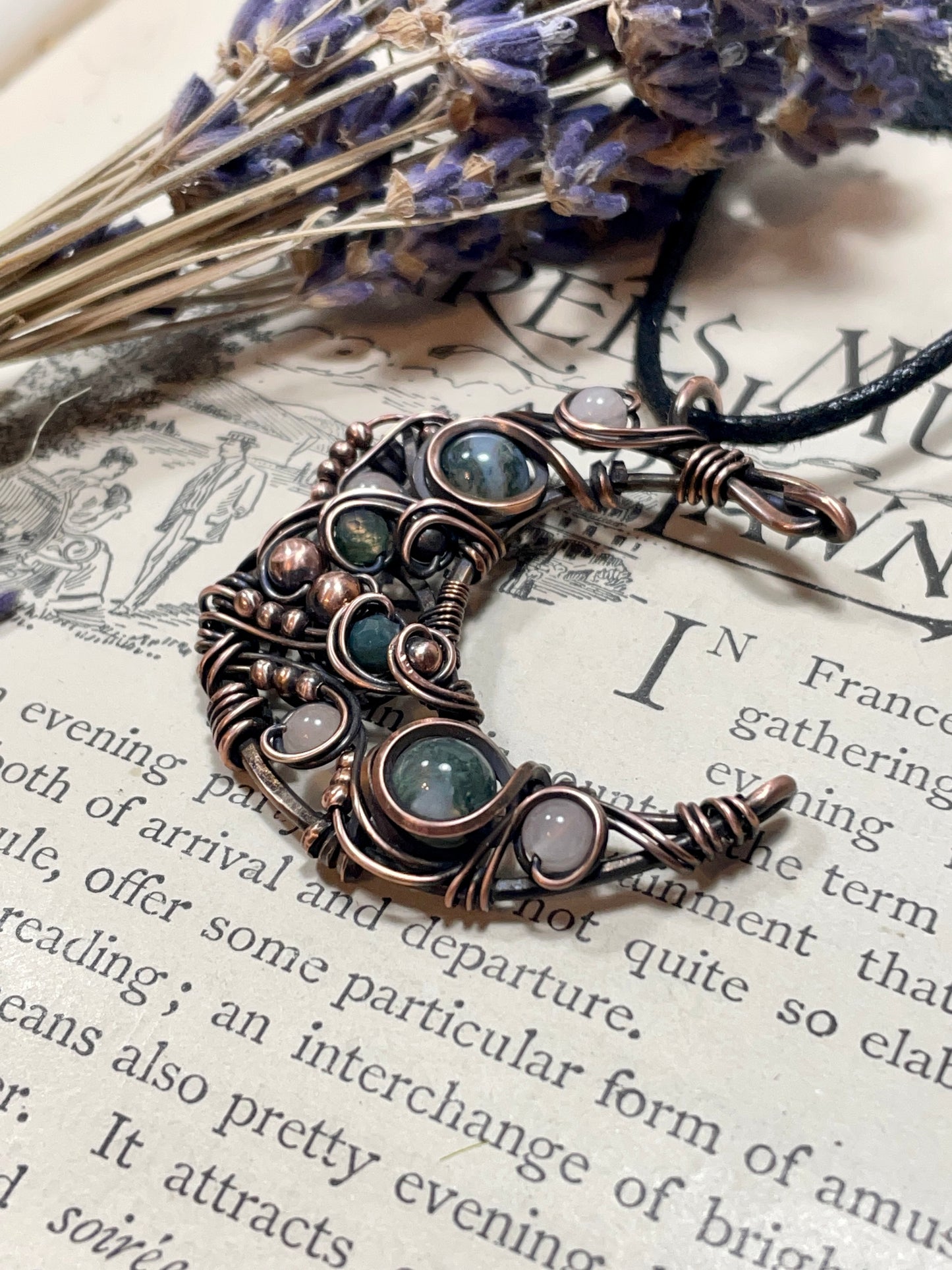 Moss Agate & Rose Quartz Crescent Moon Pendant in Copper