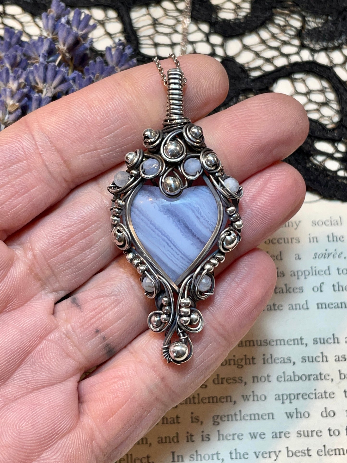 Blue Lace Agate Heart Pendant in Sterling Silver