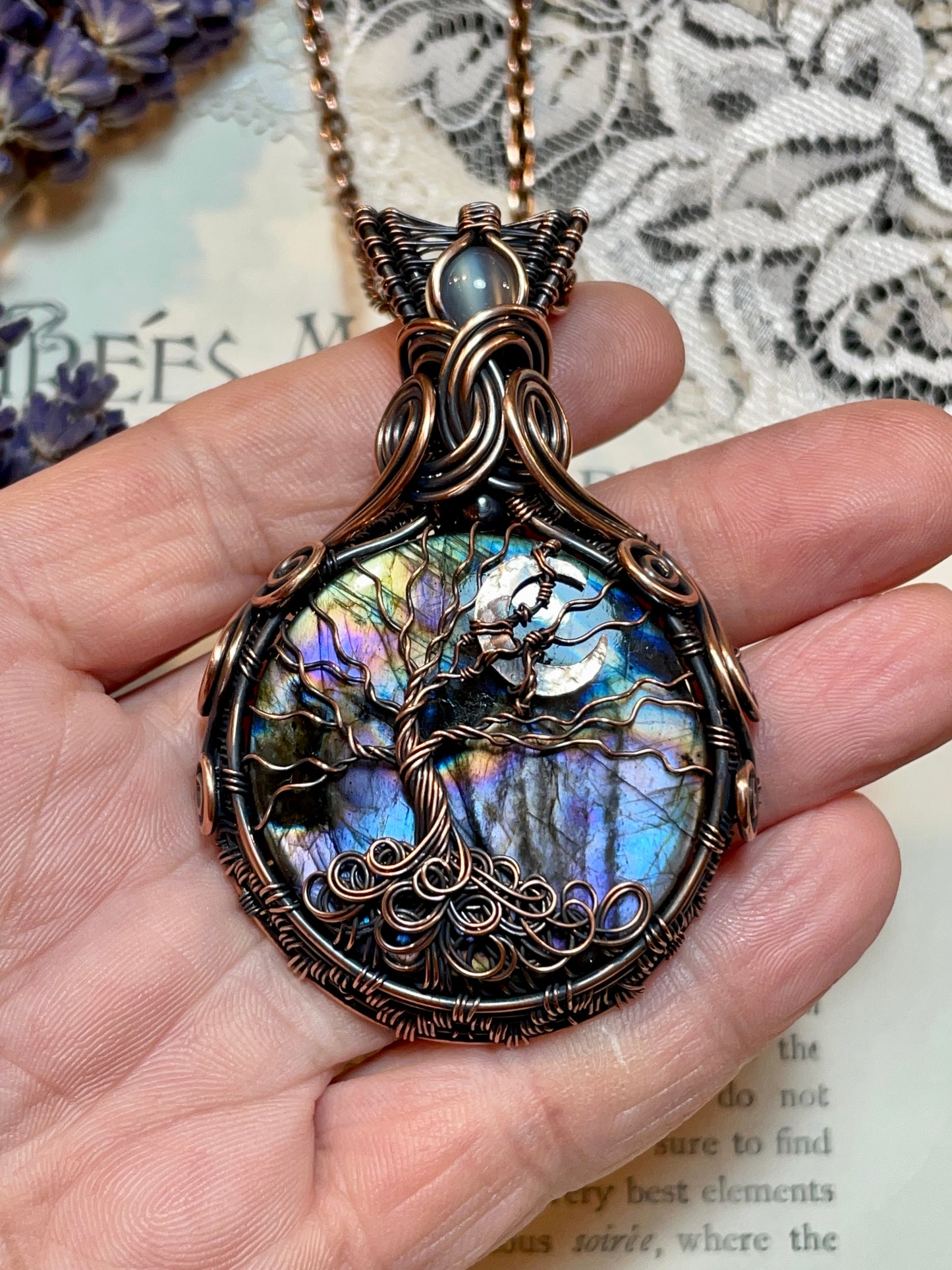 Labradorite Crescent Moon Tree of Life Amulet in Copper