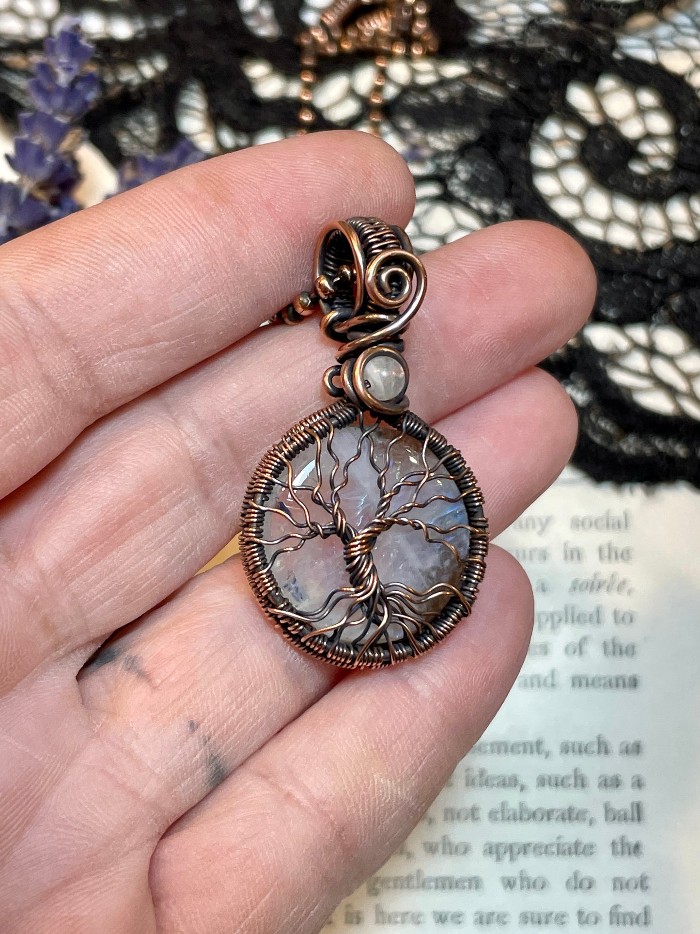 Rainbow Moonstone mini Tree of Life Amulet in Copper