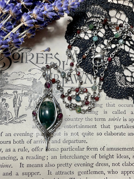 Moss Agate and Garnet Pendant in Stainless Steel