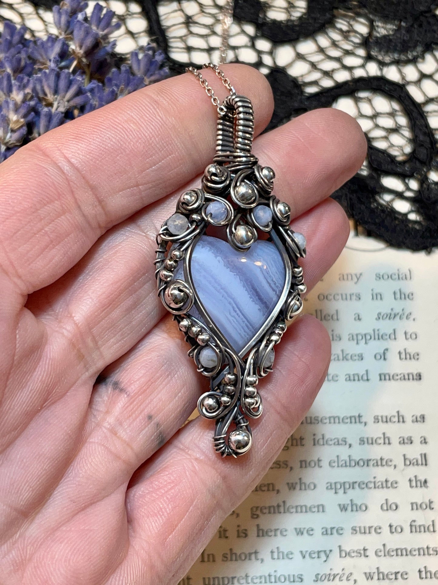 Blue Lace Agate Heart Pendant in Sterling Silver