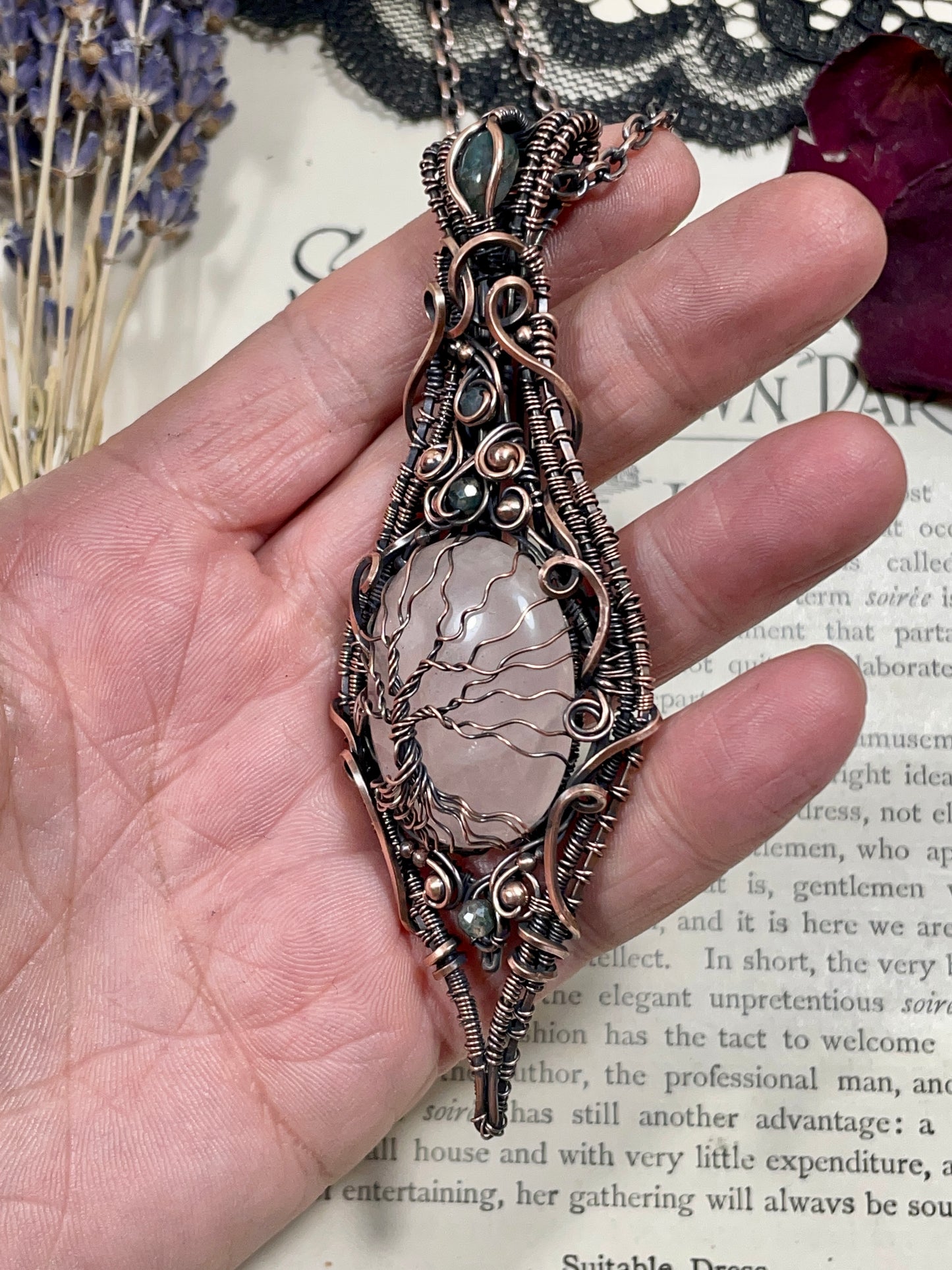 Rose Quartz and Moss Agate Tree of Life Pendant in Copper