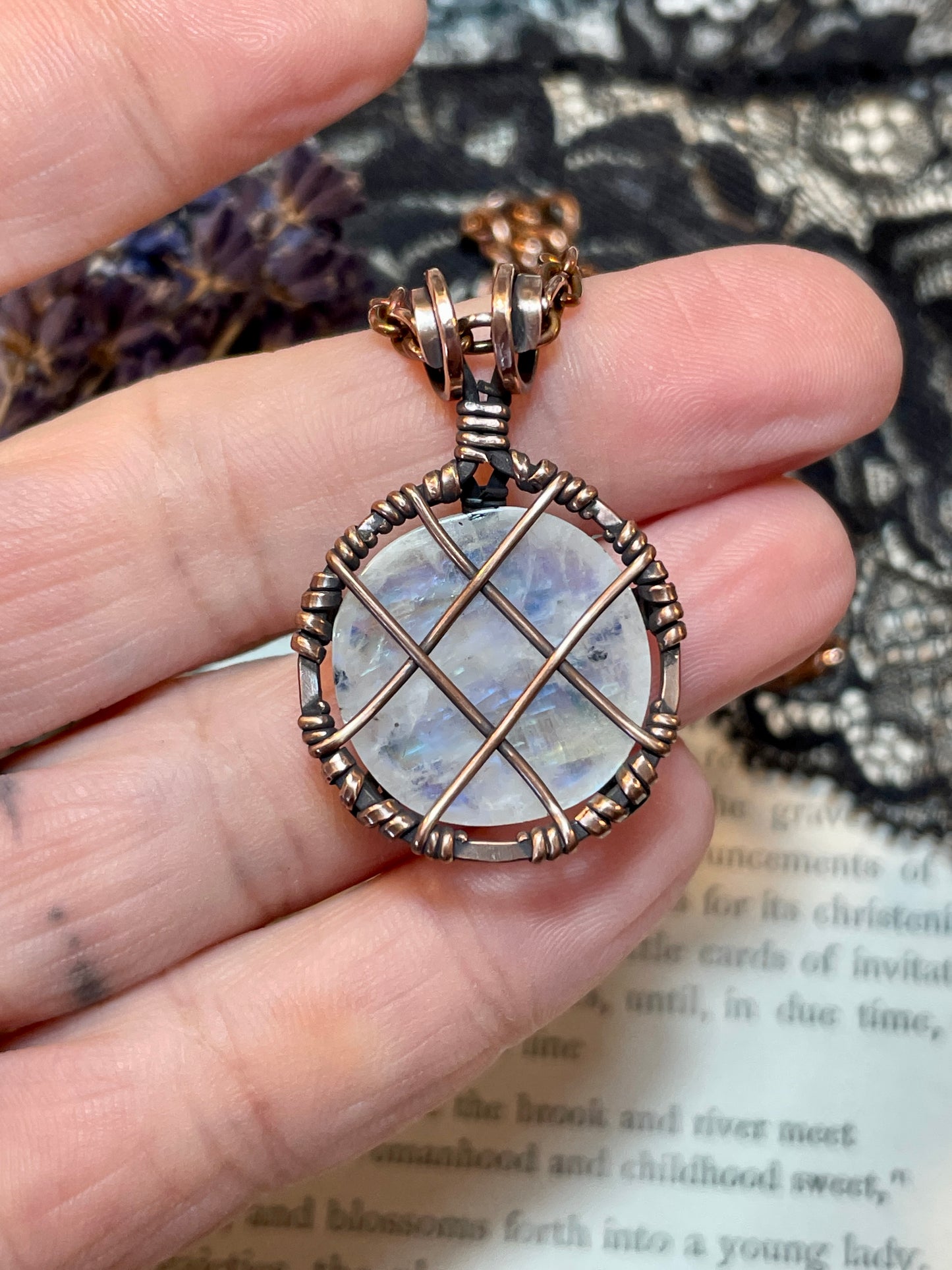 Moonstone (Rainbow Moonstone) Mini Pentacle Pendant in Antiqued Copper