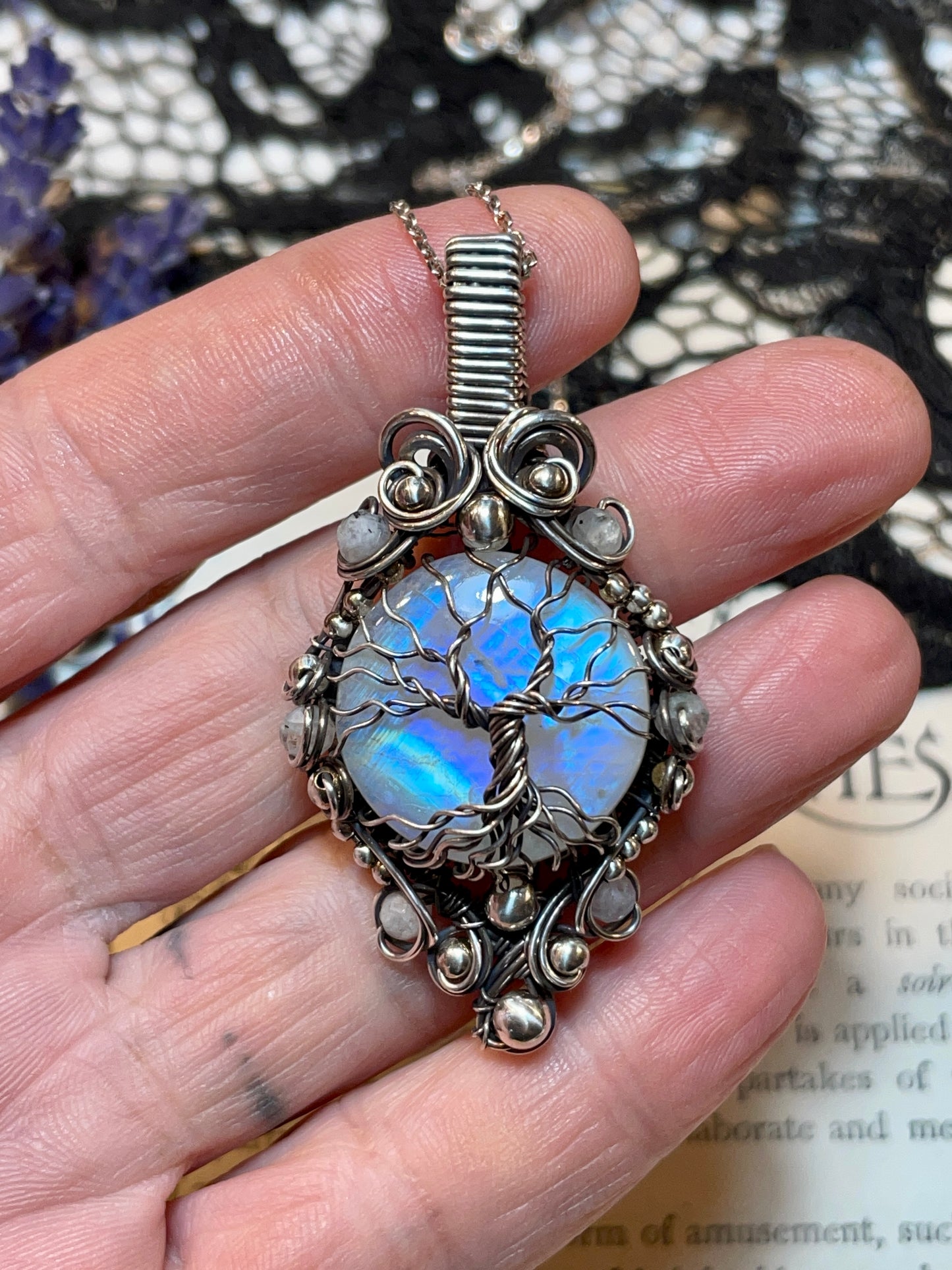 Moonstone (Rainbow Moonstone) Tree of Life Pendant in Sterling Silver