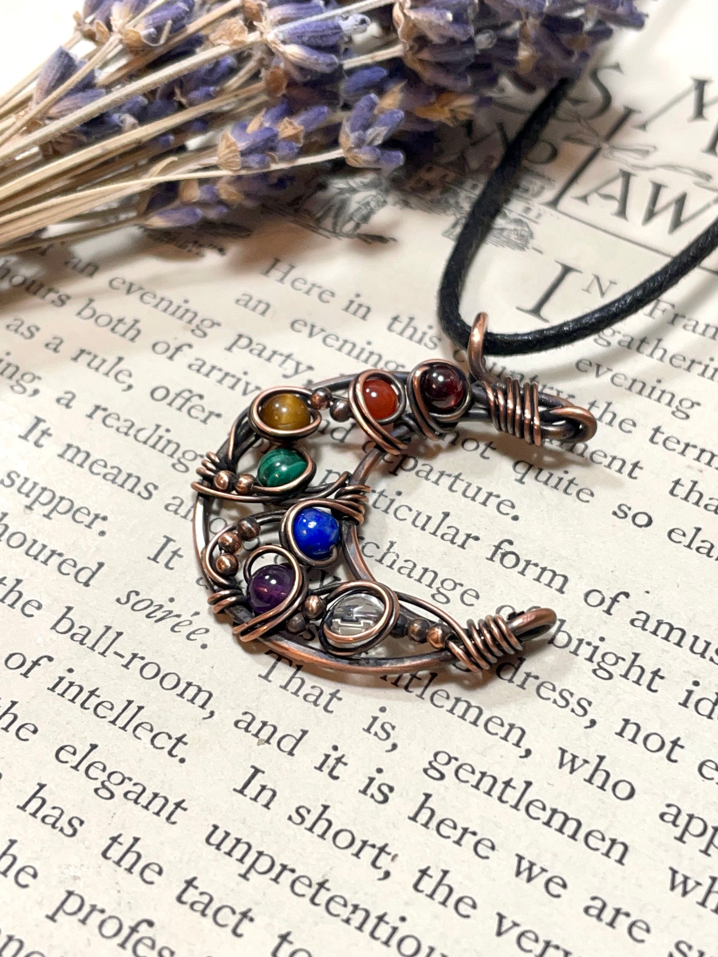 Chakra Rainbow Crescent Moon Pendant in Copper
