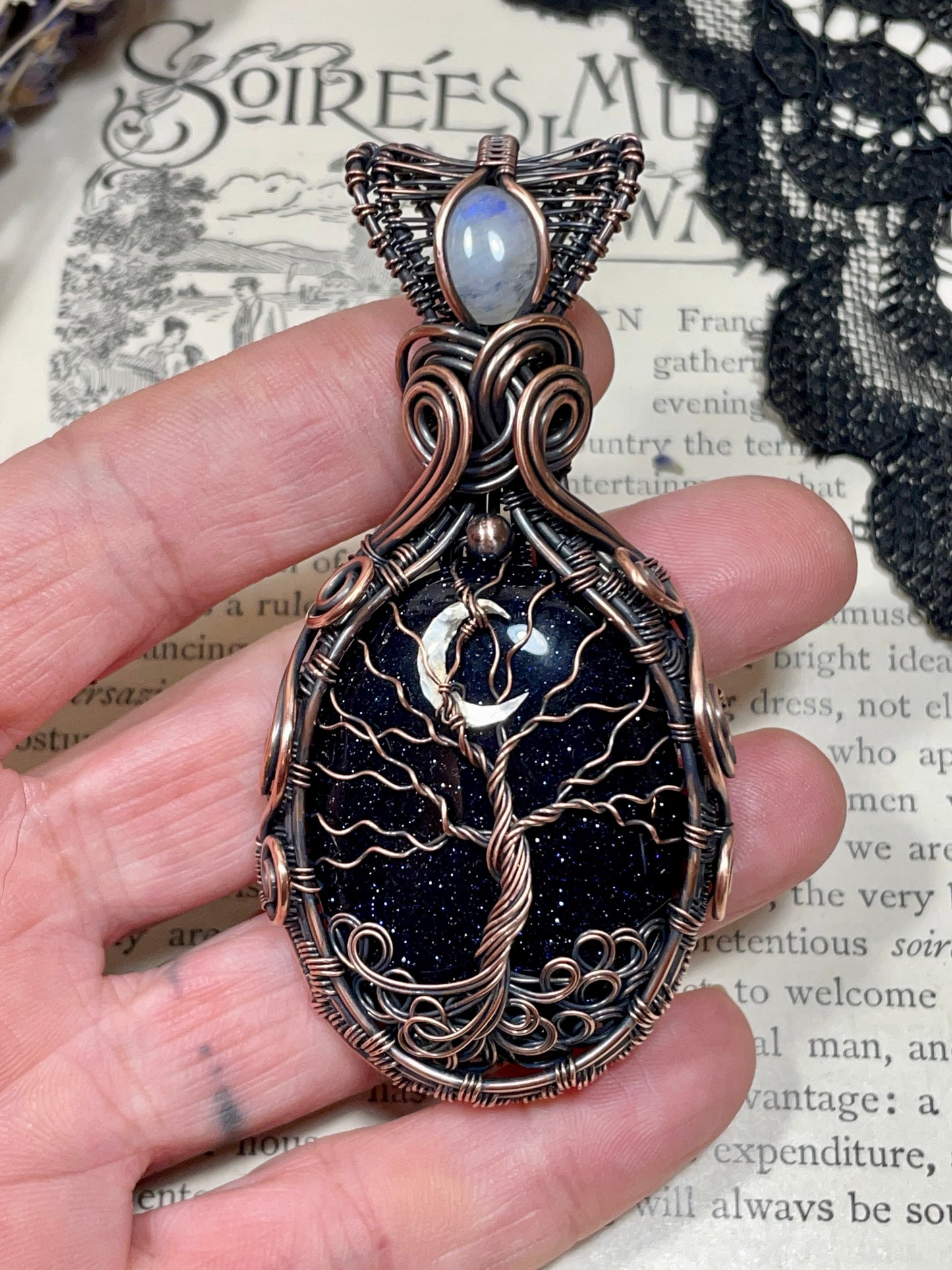 Goldstone (Blue Goldstone) Tree of Life Amulet in Copper
