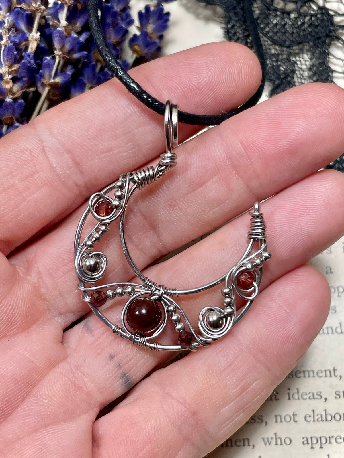 Garnet Crescent Moon Pendant in Stainless Steel