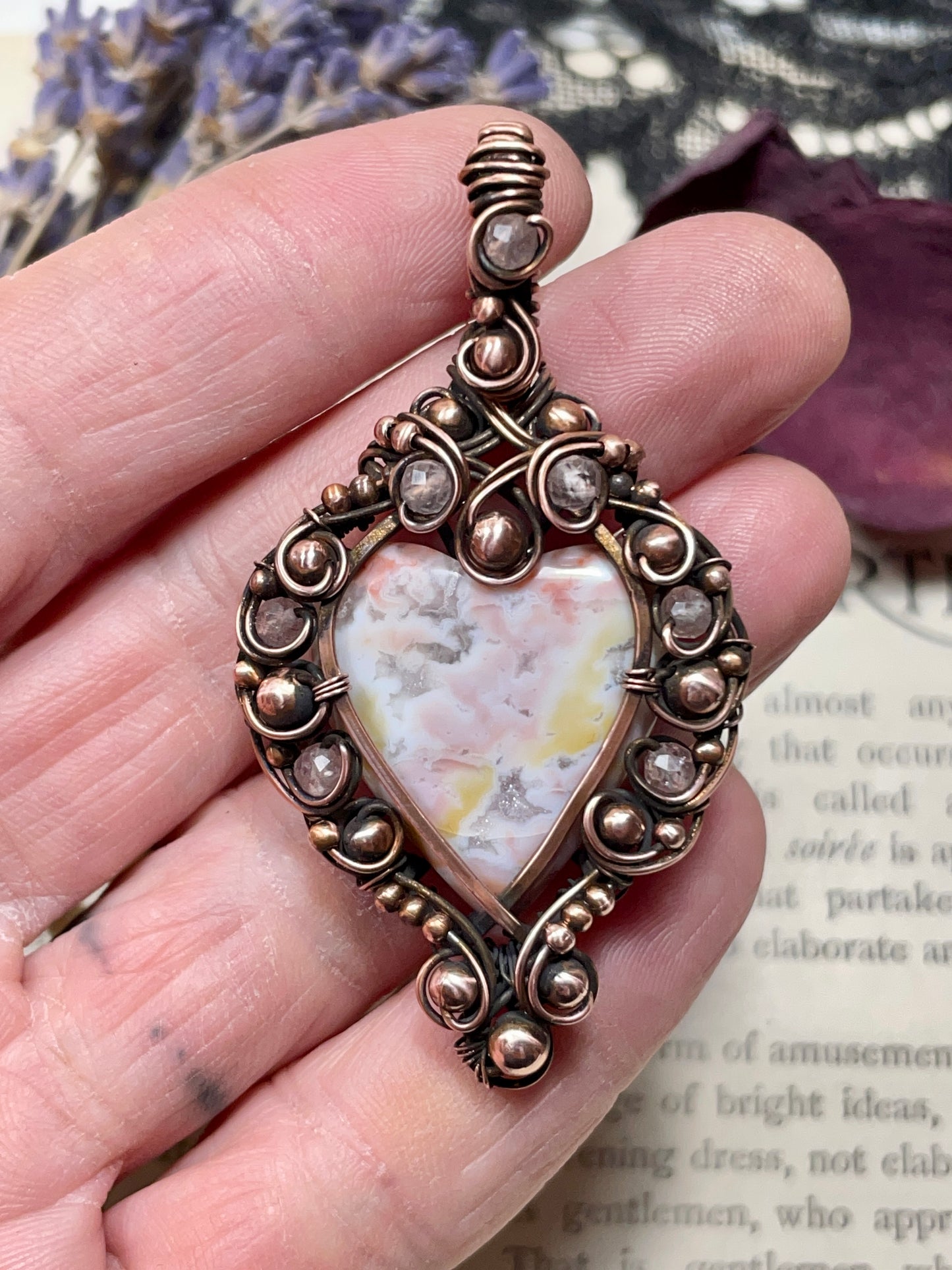 Agate (Pink Agate) Heart Pendant in Copper
