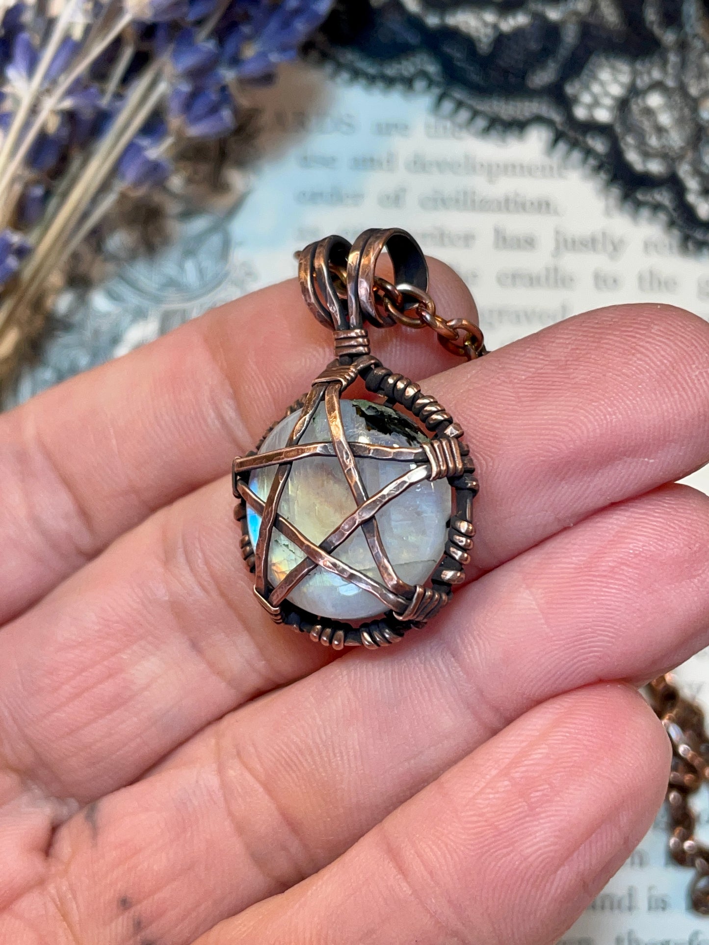 Moonstone (Rainbow Moonstone) Mini Pentacle Pendant in Antiqued Copper