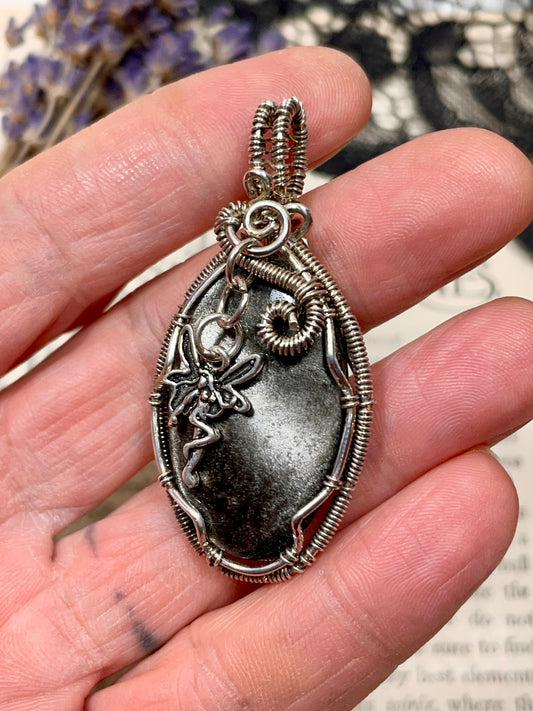 Obsidian (Silver Sheen Obsidian) Fairy Pendant in Sterling Silver