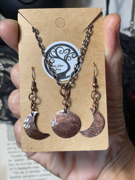 Triple Moon Pendant and Earring Set in Antiqued Copper