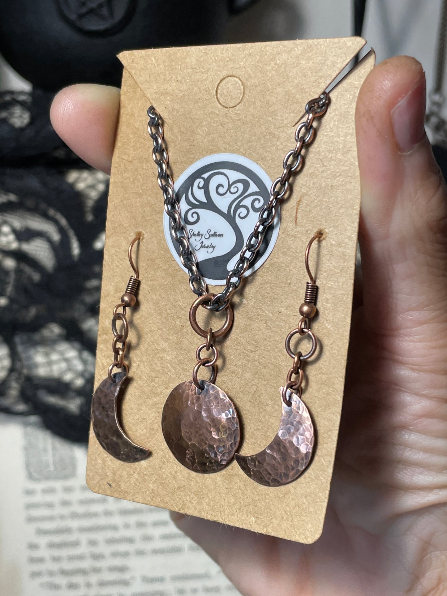 Triple Moon Pendant and Earring Set in Antiqued Copper