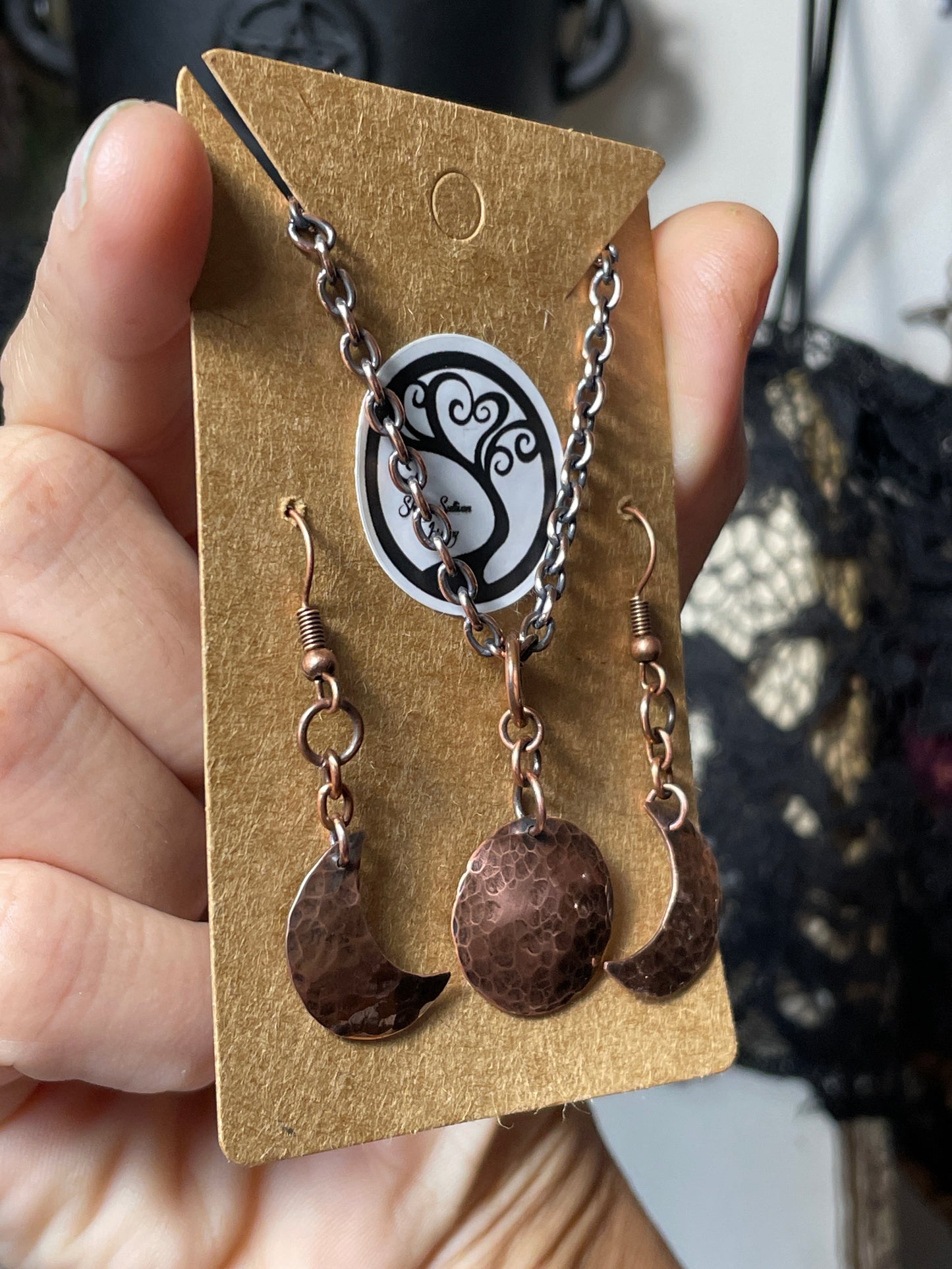 Triple Moon Pendant and Earring Set in Antiqued Copper