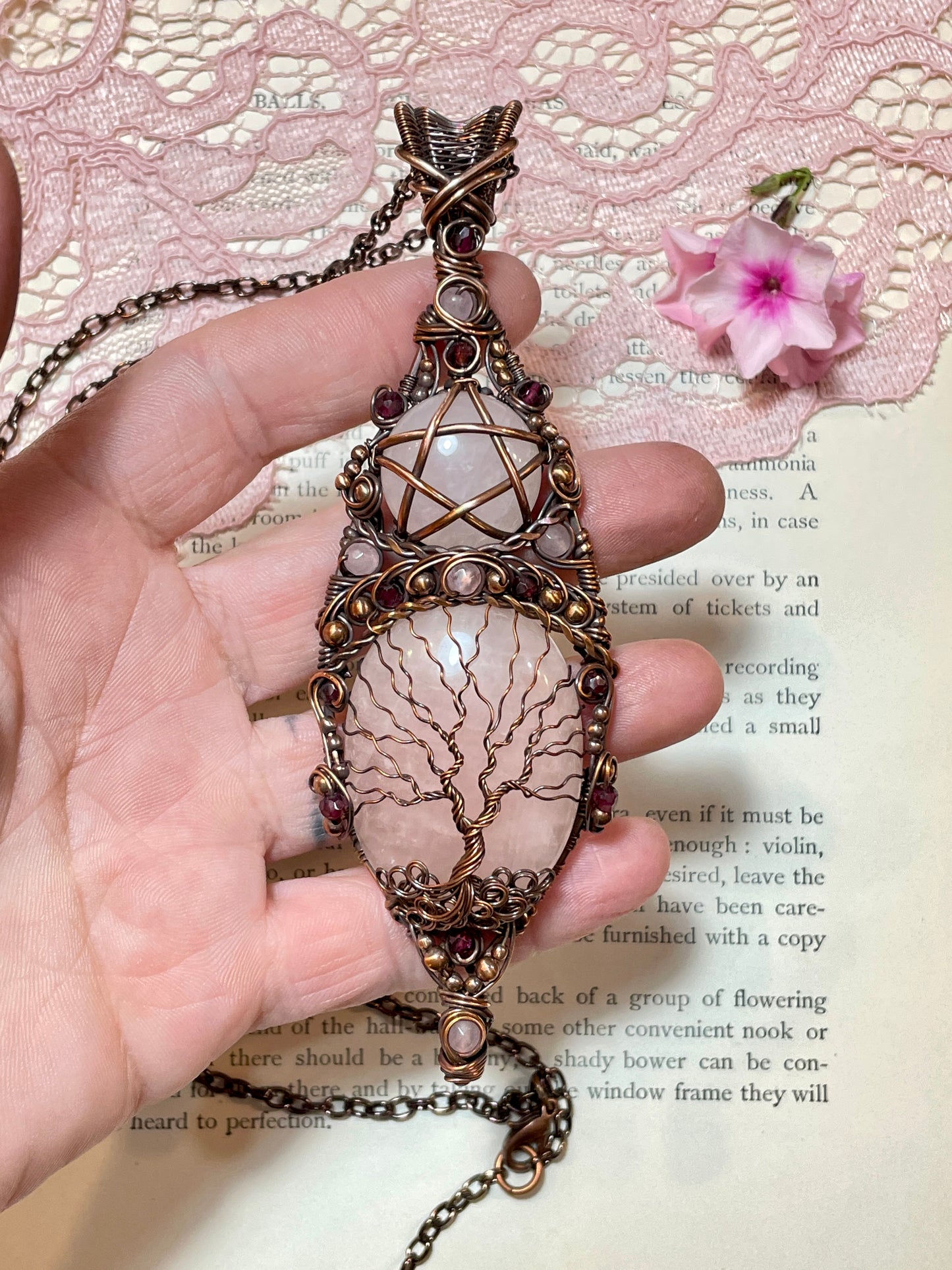 Rose Quartz Tree of Life Pentacle Amulet in Copper