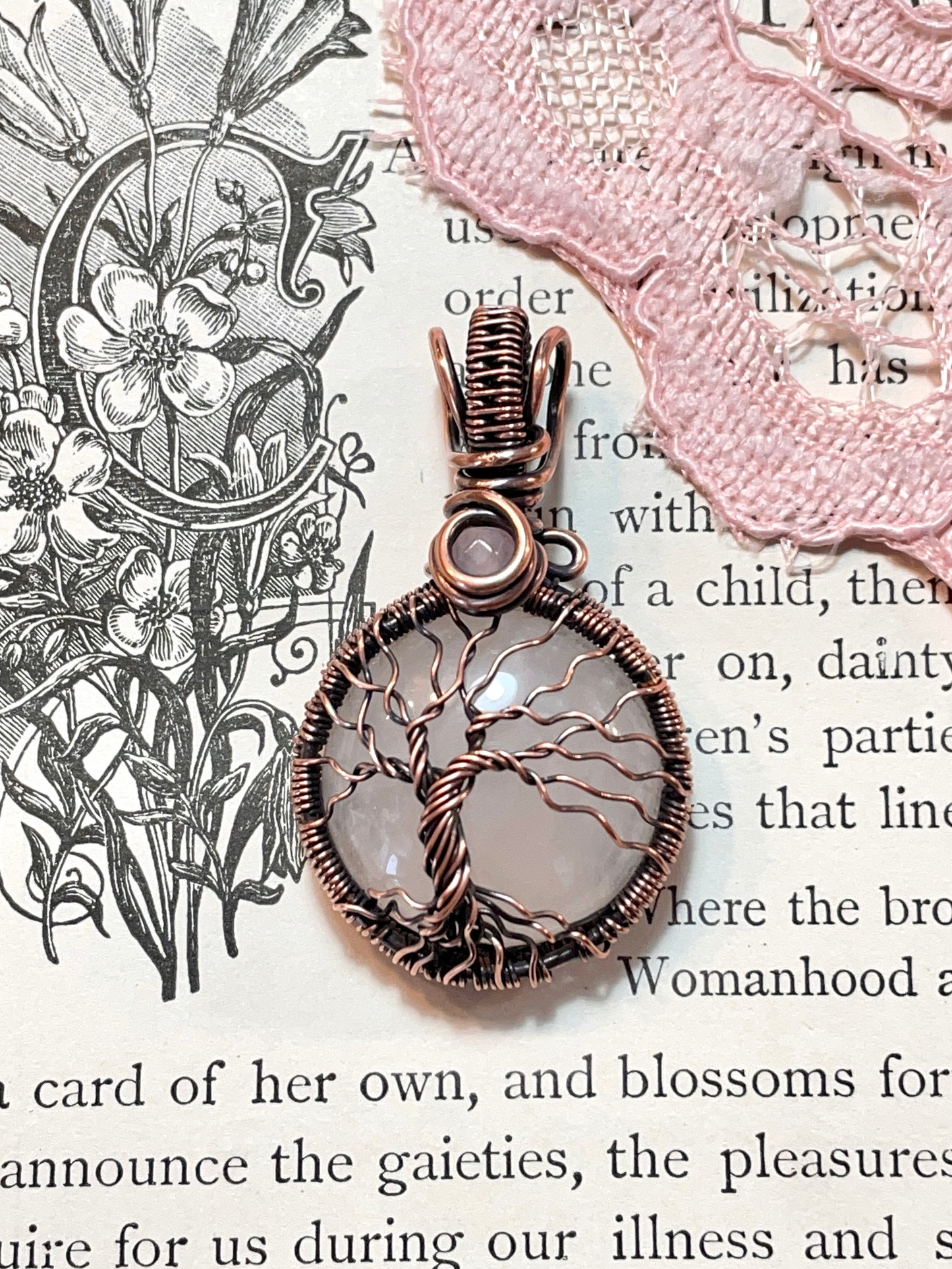 Rose Quartz Tree of Life Mini Pendant in Copper