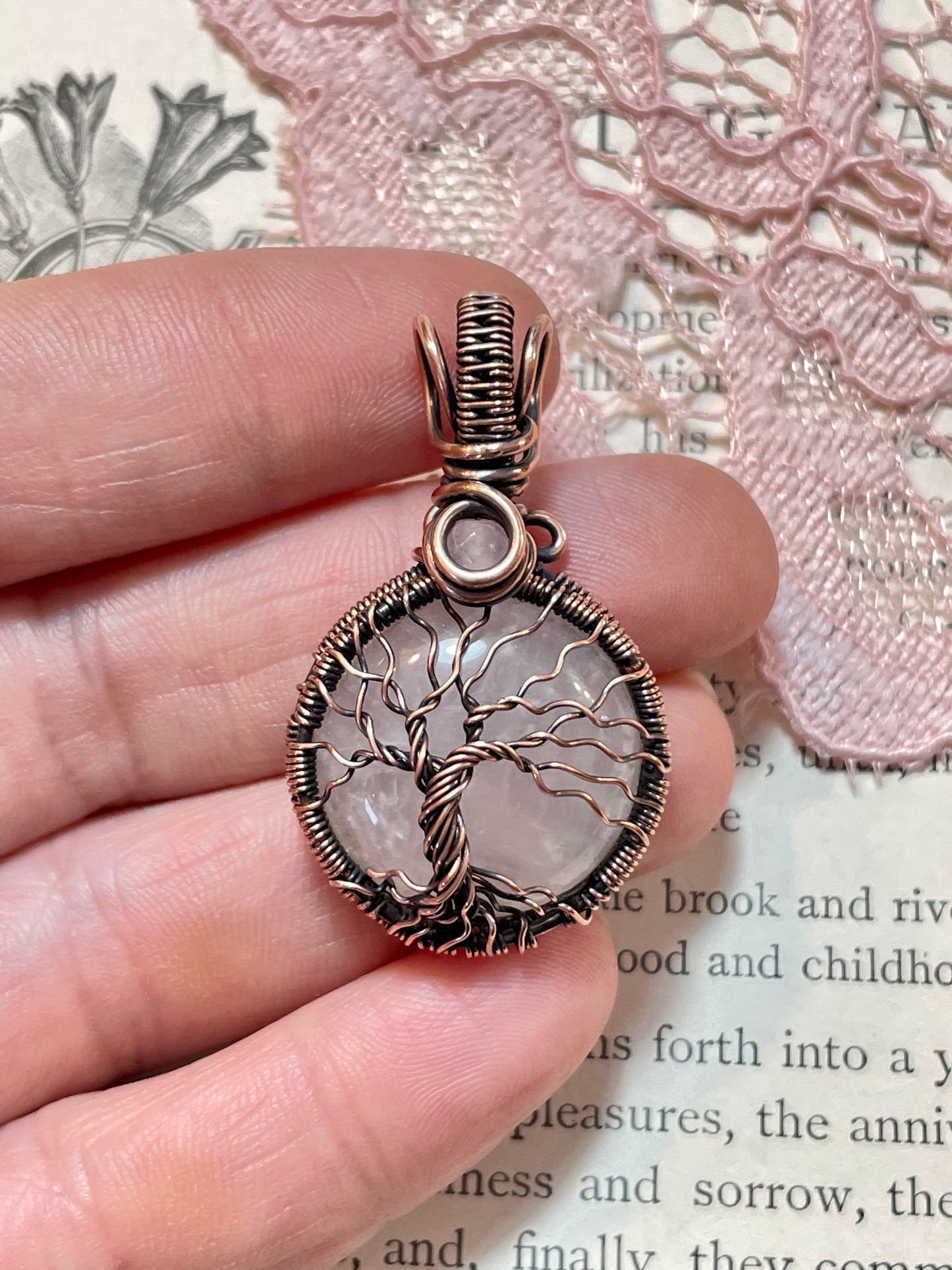 Rose Quartz Tree of Life Mini Pendant in Copper