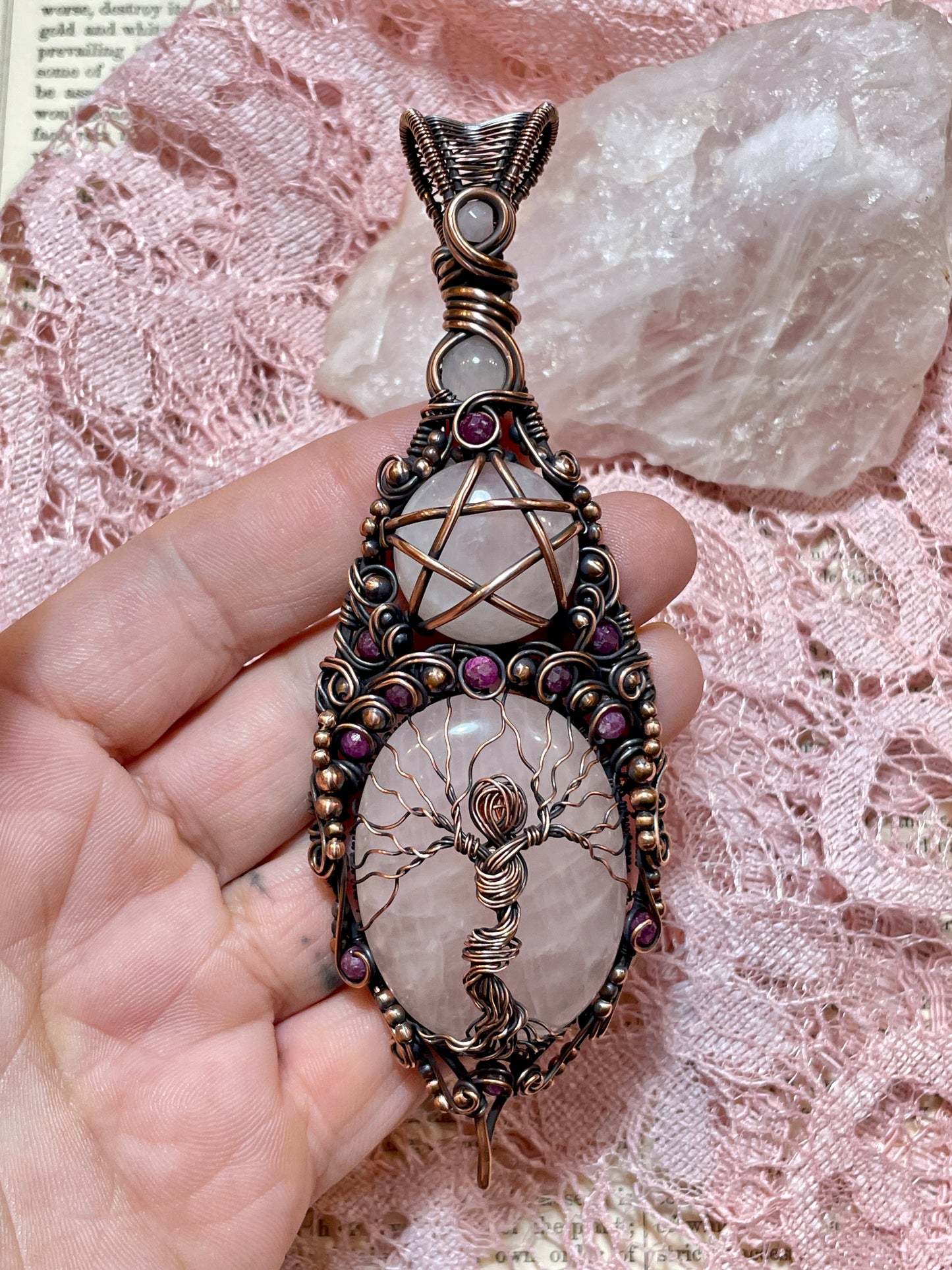 Rose Quartz and Ruby Tree Spirit Pentacle Amulet in Copper