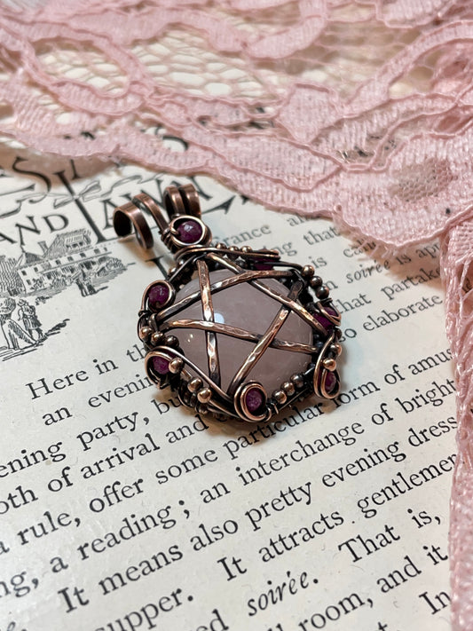Rose Quartz and Ruby Pentacle Pendant in Copper #1