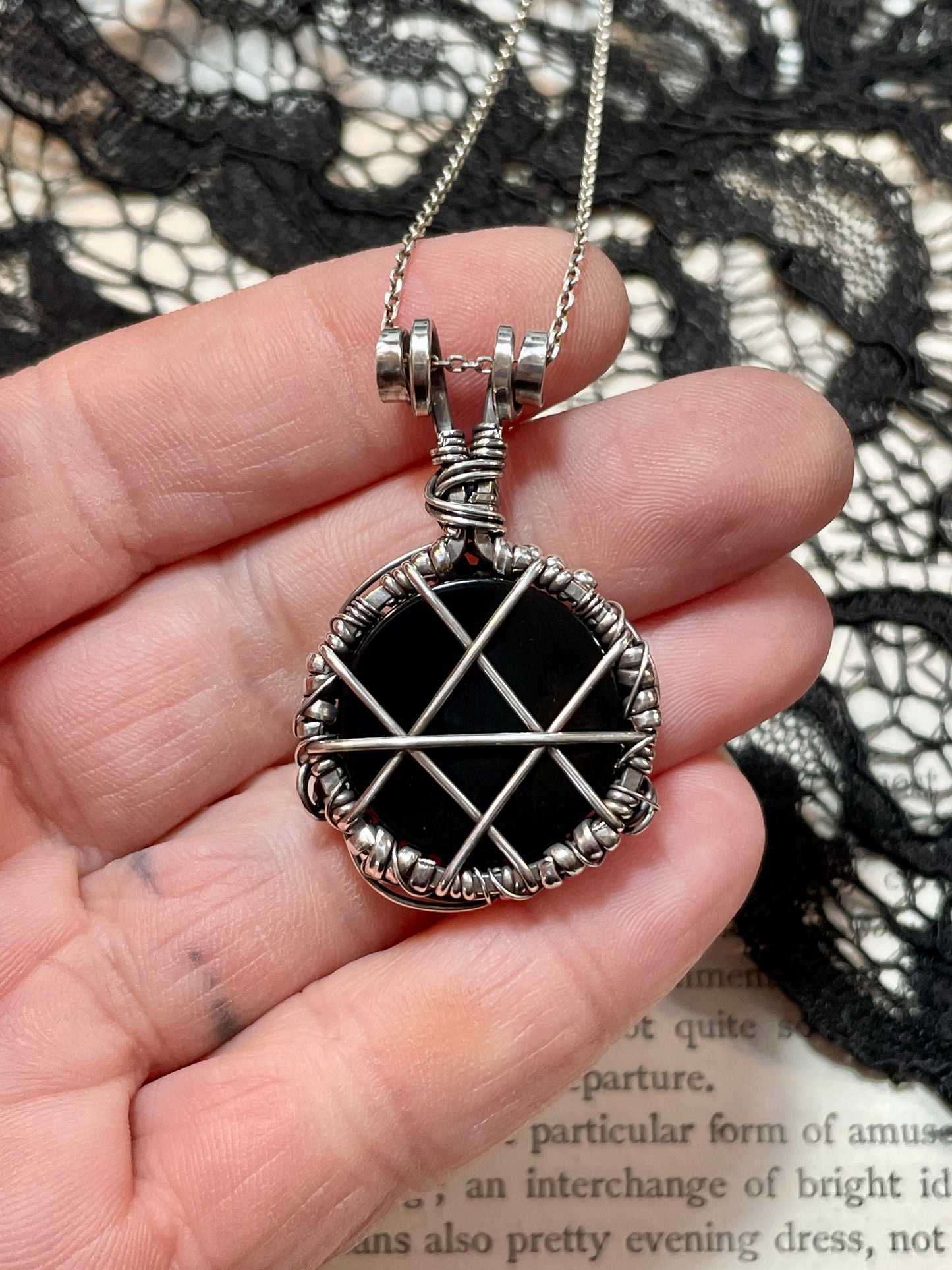 Onyx and Spinel Pentacle Pendant in Sterling Silver