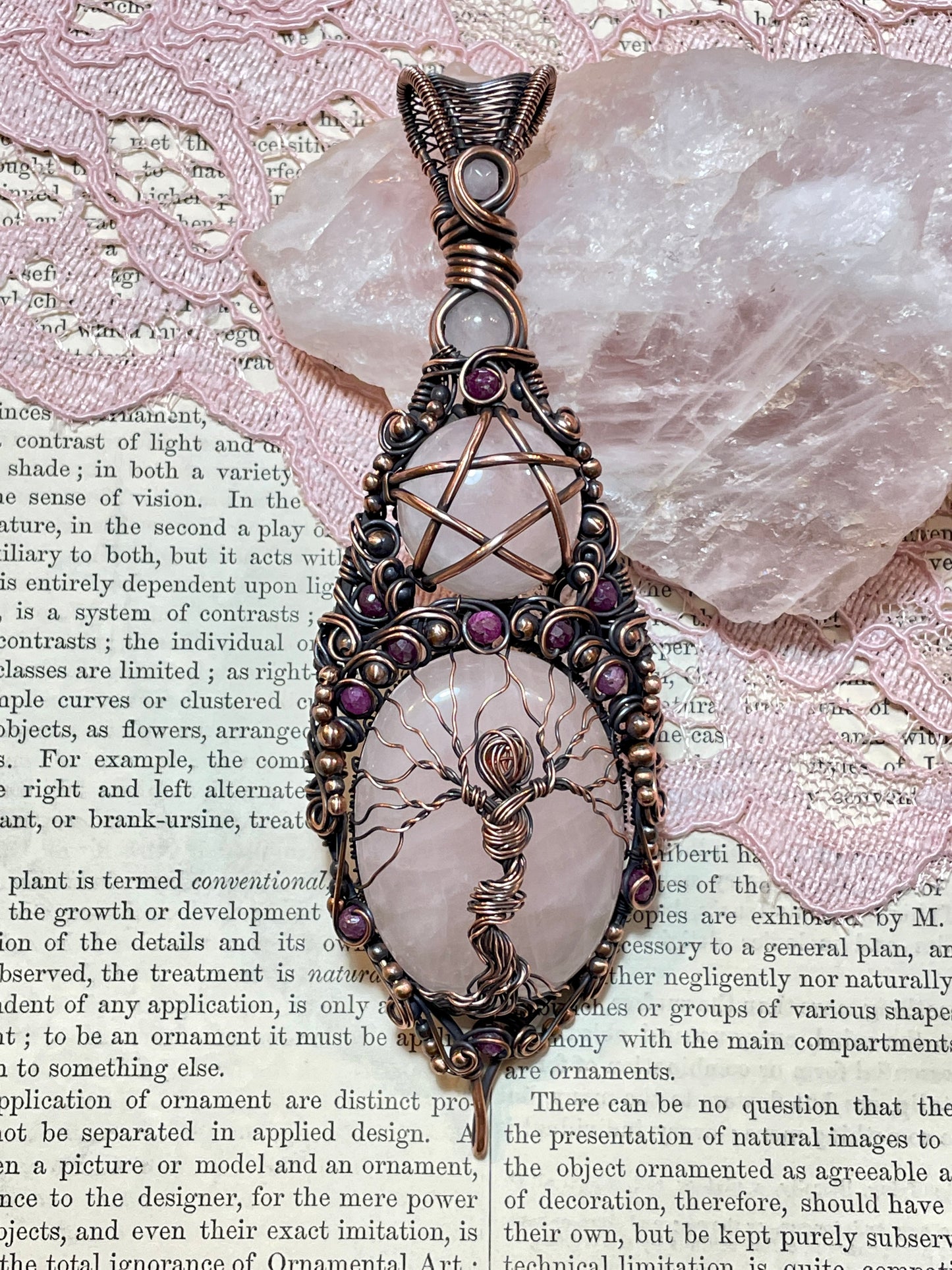 Rose Quartz and Ruby Tree Spirit Pentacle Amulet in Copper