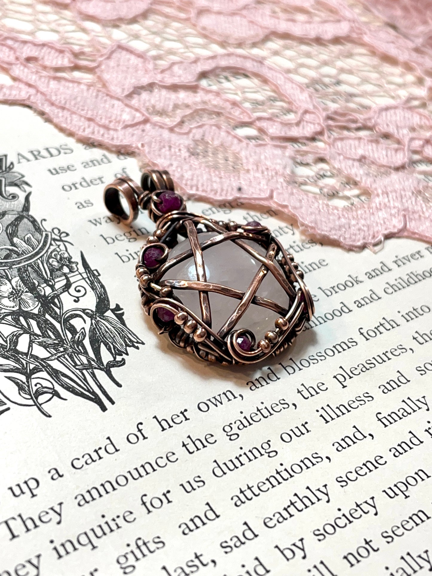 Rose Quartz and Ruby Pentacle Pendant in Copper #2