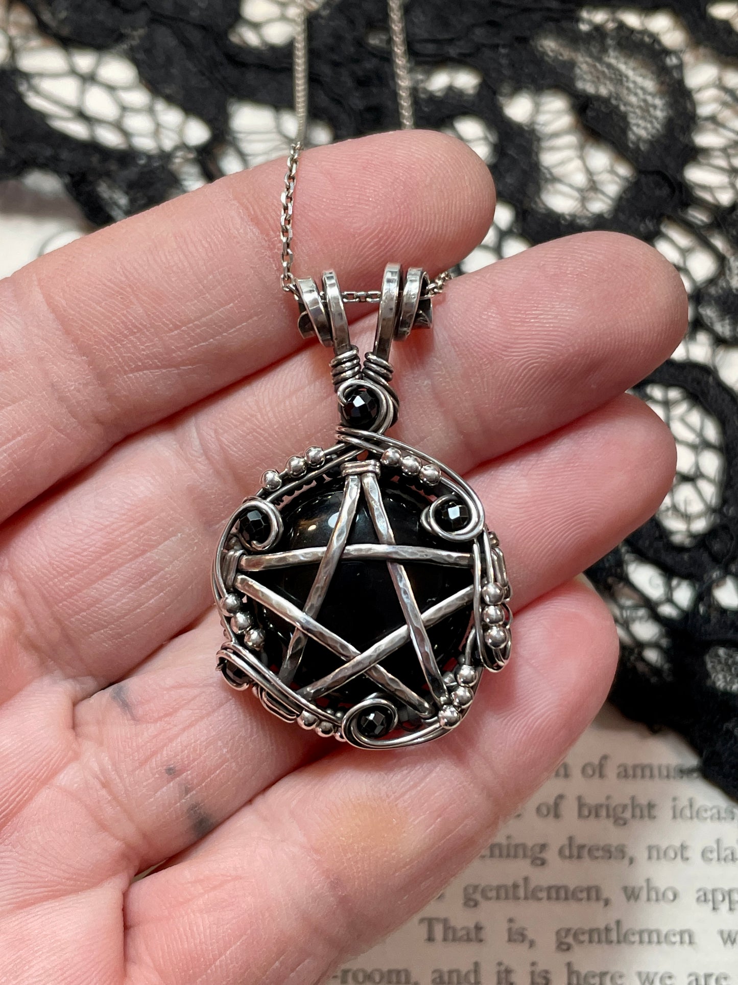 Onyx and Spinel Pentacle Pendant in Sterling Silver